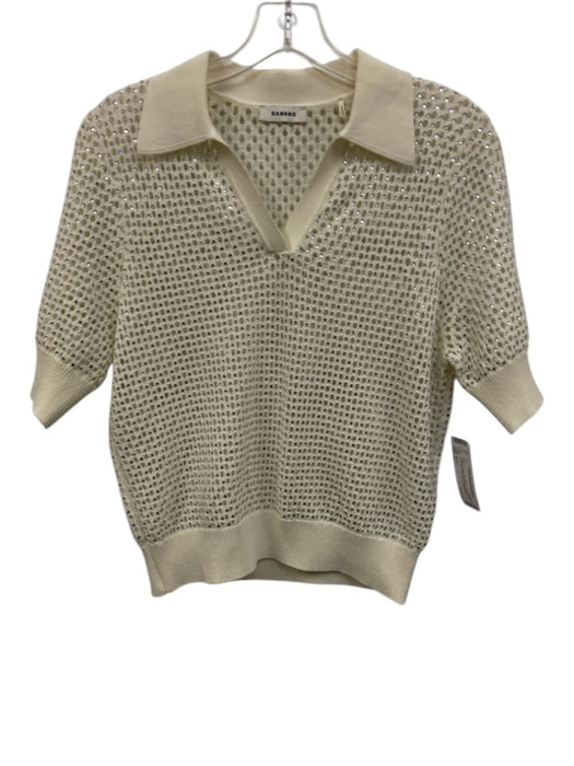 Sandro Size S White & Silver Poly Blend Short Sleeve Cut Outs Rhinestones Top White & Silver / S