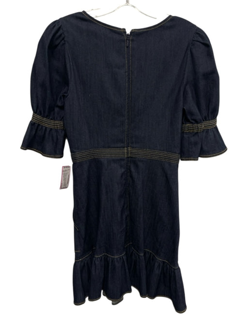 Cinq a Sept Size 0 Dark Wash Cotton Blend Denim Short Puff Sleeve V Neck Dress Dark Wash / 0