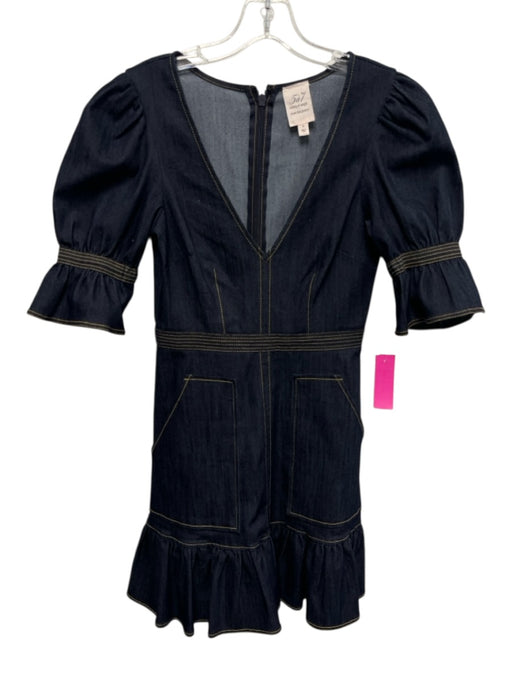 Cinq a Sept Size 0 Dark Wash Cotton Blend Denim Short Puff Sleeve V Neck Dress Dark Wash / 0