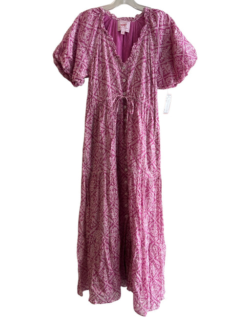 Banjanan Size XS Pink & White Cotton Lined All Over Print Button Down Dress Pink & White / XS