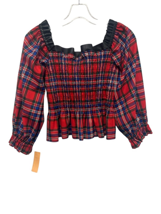 Tanya Taylor Size 2 Red, Blue, Black Polyester Blend Shirred Plaid Top Red, Blue, Black / 2