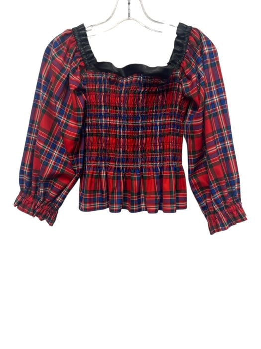 Tanya Taylor Size 2 Red, Blue, Black Polyester Blend Shirred Plaid Top Red, Blue, Black / 2