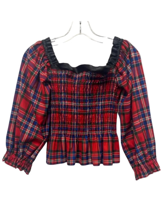 Tanya Taylor Size 2 Red, Blue, Black Polyester Blend Shirred Plaid Top Red, Blue, Black / 2