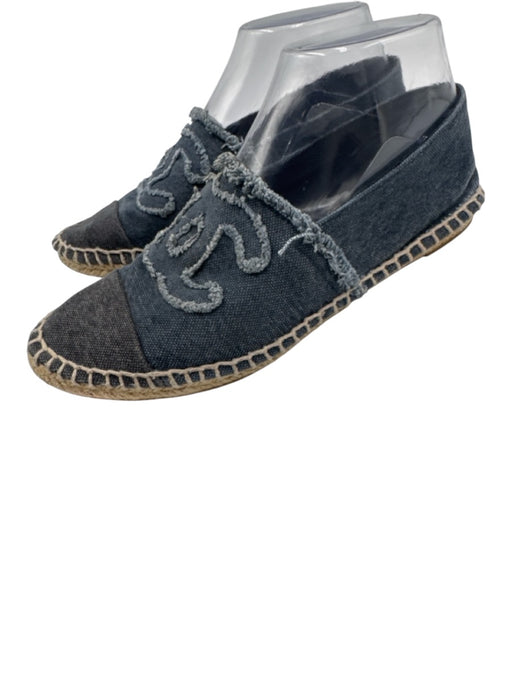 Chanel Shoe Size 37 Dark Wash Denim Slip On Espadrille Fringe Flats Dark Wash / 37