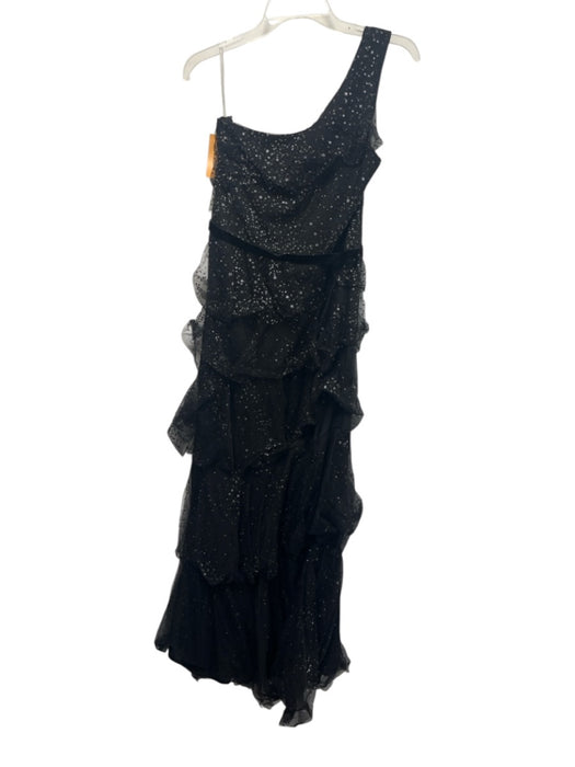 Marchesa Notte Size 12 Black & Silver Rhinestone Tiered Maxi One Shoulder Dress Black & Silver / 12