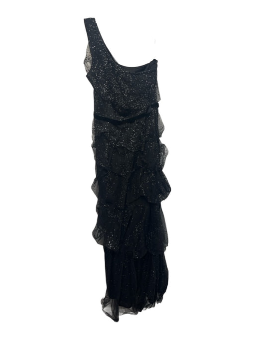 Marchesa Notte Size 12 Black & Silver Rhinestone Tiered Maxi One Shoulder Dress Black & Silver / 12
