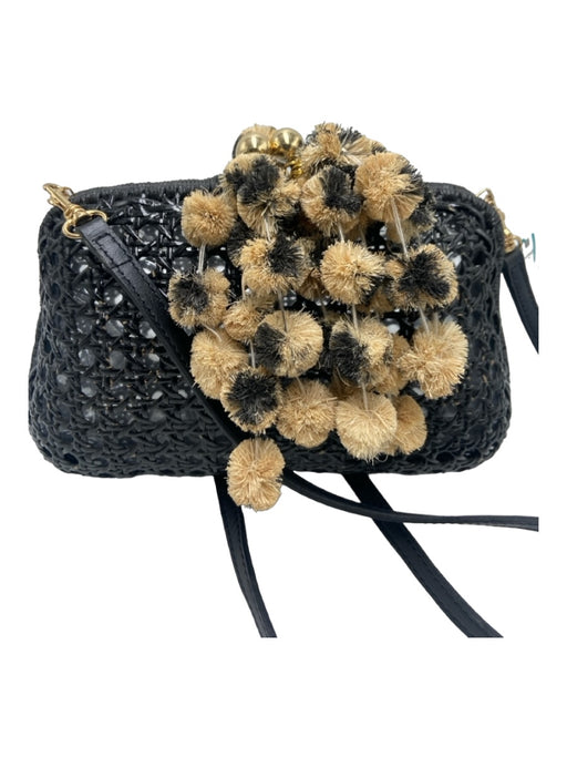 SERPUI Black & Tan Woven Clear Pom Pom kiss lock Clutch Black & Tan