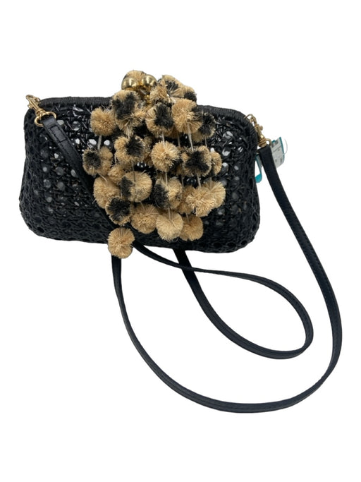 SERPUI Black & Tan Woven Clear Pom Pom kiss lock Clutch Black & Tan