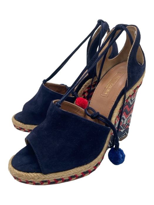 Aquazzura Shoe Size 38 Navy, Red, Tan Leather Upper Beaded Detail Wedges Navy, Red, Tan / 38