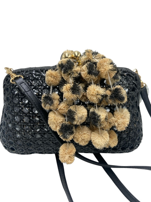 SERPUI Black & Tan Woven Clear Pom Pom kiss lock Clutch Black & Tan