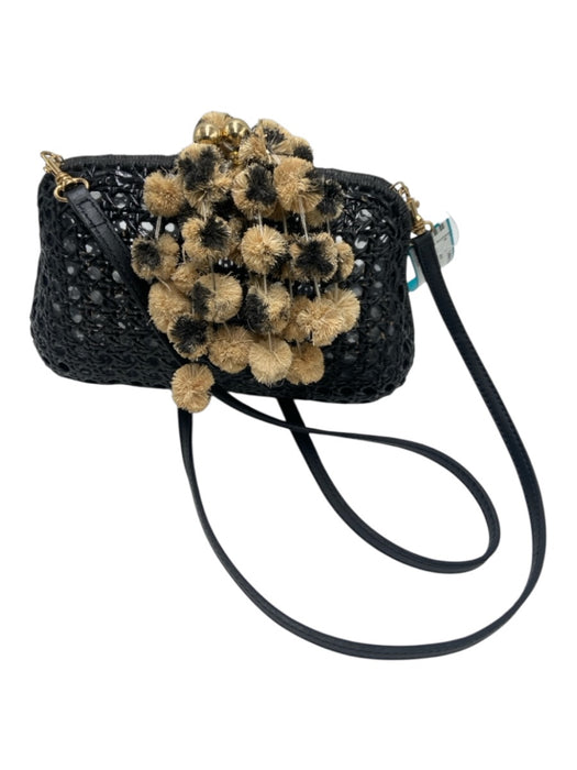 SERPUI Black & Tan Woven Clear Pom Pom kiss lock Clutch Black & Tan