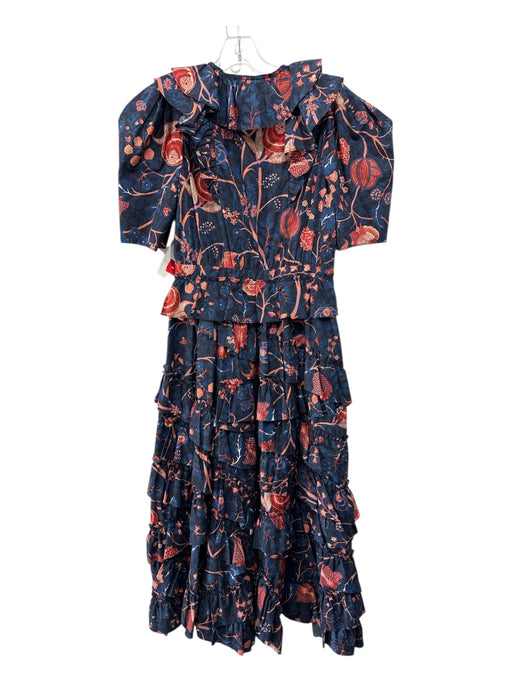 Ulla Johnson Size 4 Navy Blue & Orange Cotton Tiered Short Puff Sleeve Dress Navy Blue & Orange / 4