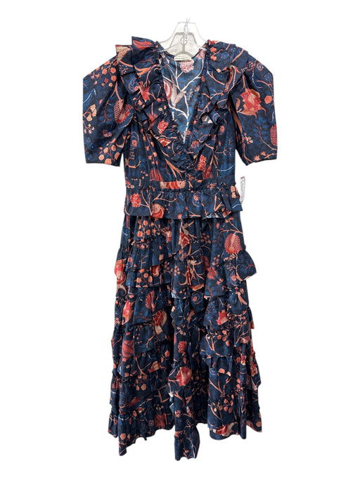 Ulla Johnson Size 4 Navy Blue & Orange Cotton Tiered Short Puff Sleeve Dress Navy Blue & Orange / 4