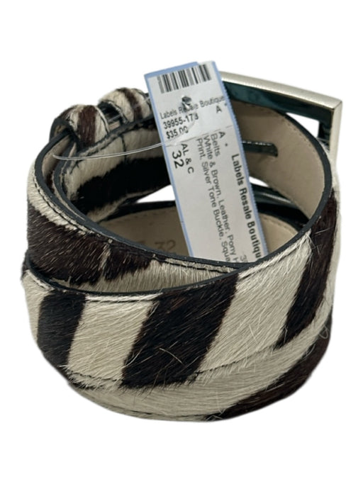 AL & C White & Brown Leather Pony Hair Zebra Print Silver Tone Buckle Belts White & Brown / 32
