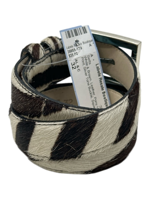AL & C White & Brown Leather Pony Hair Zebra Print Silver Tone Buckle Belts White & Brown / 32