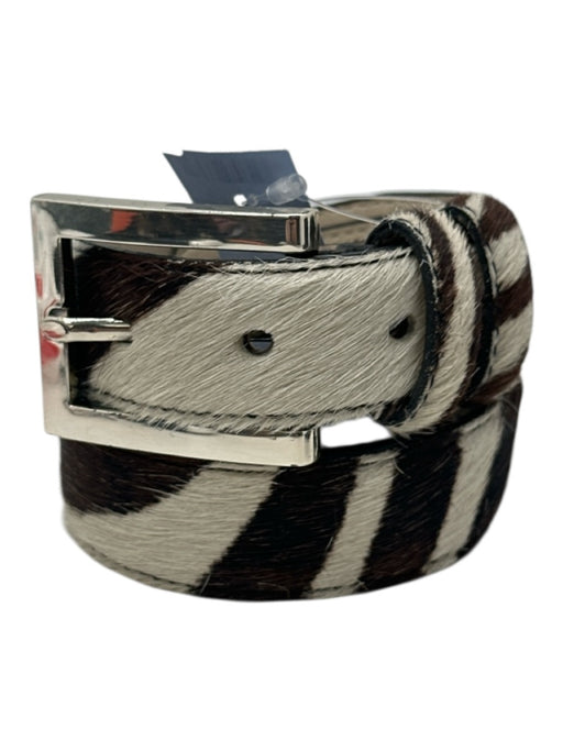 AL & C White & Brown Leather Pony Hair Zebra Print Silver Tone Buckle Belts White & Brown / 32