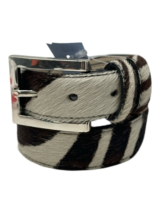 AL & C White & Brown Leather Pony Hair Zebra Print Silver Tone Buckle Belts White & Brown / 32