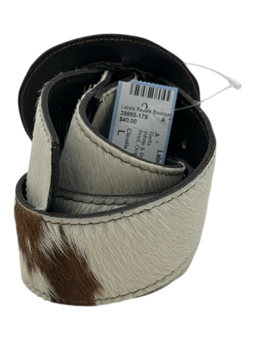 Claudia Roldani White & Brown Leather Pony Hair Cow Print Oval Buckle Belts White & Brown / L