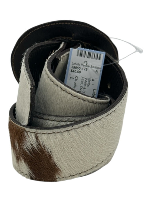Claudia Roldani White & Brown Leather Pony Hair Cow Print Oval Buckle Belts White & Brown / L