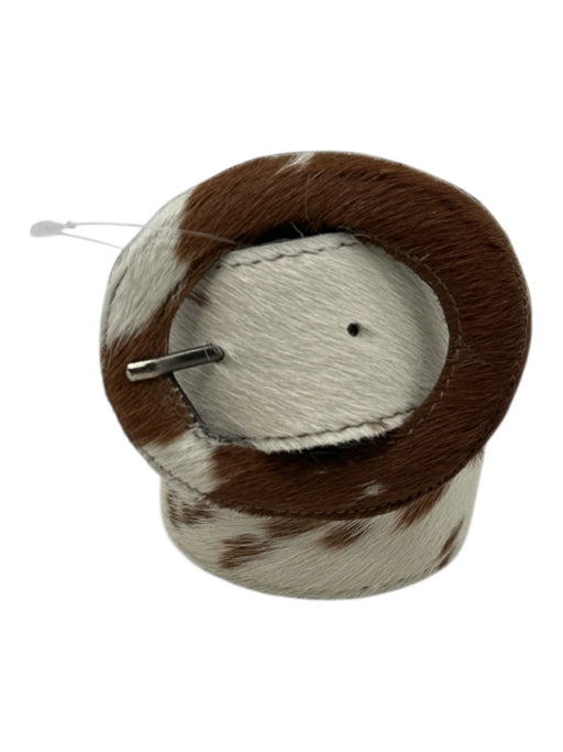 Claudia Roldani White & Brown Leather Pony Hair Cow Print Oval Buckle Belts White & Brown / L