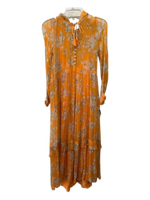 By Anthropologie Size S Orange & Gray Polyester Maxi Long Sleeve Floral Dress Orange & Gray / S