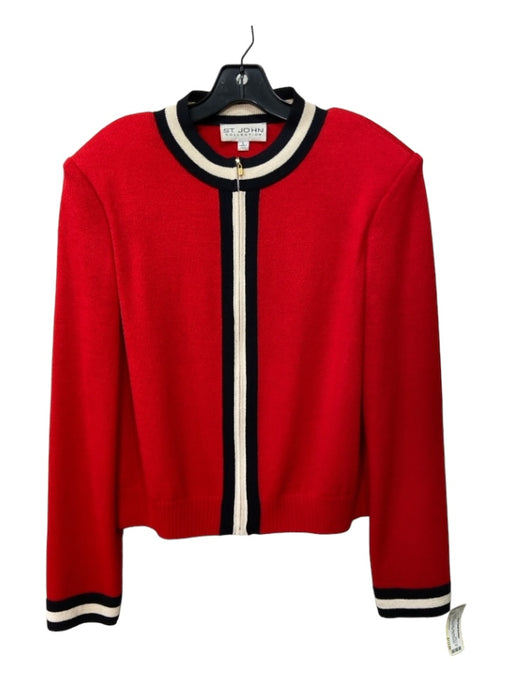 St John Collection Size L Red Black & Cream Wool Blend Knit Zip Front Jacket Red Black & Cream / L