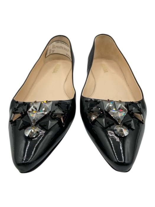 Prada Shoe Size 41 Black Patent Leather Stacked Heel Jeweled Pointed Toe Flats Black / 41