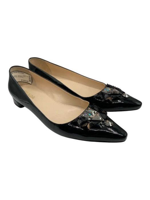 Prada Shoe Size 41 Black Patent Leather Stacked Heel Jeweled Pointed Toe Flats Black / 41