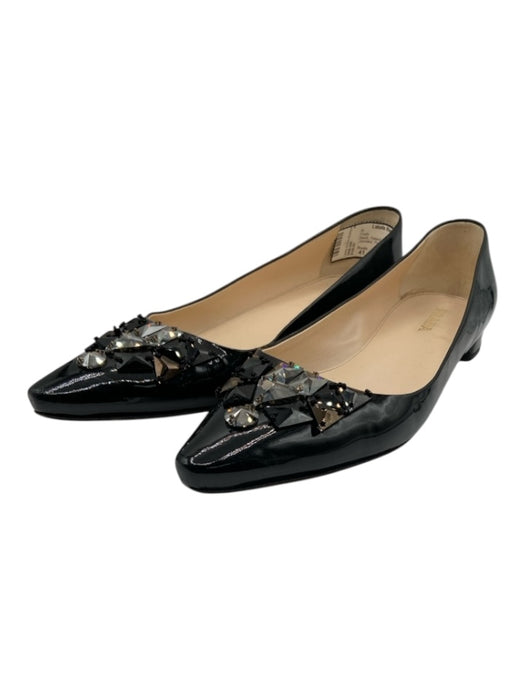 Prada Shoe Size 41 Black Patent Leather Stacked Heel Jeweled Pointed Toe Flats Black / 41