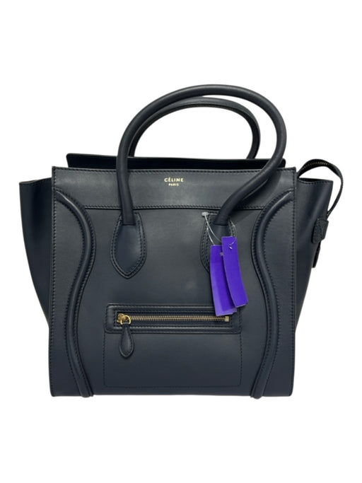 Celine Navy Blue Leather Square Gold Hardware Logo Zip Close Bag Navy Blue / Medium