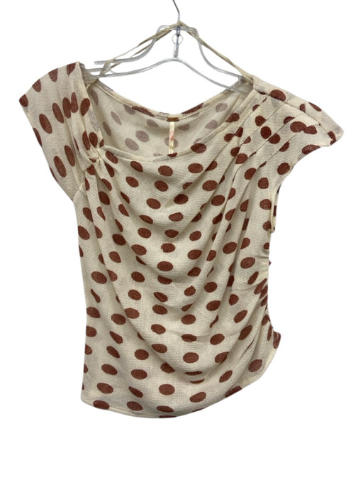 Free People Size Small White & Brown Cotton Cap Sleeve Polka Dot Ruched Top White & Brown / Small