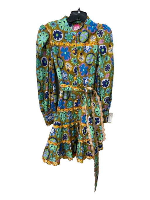 Celia B Size S Green & Multi Cotton Button Up Tiered Long Puff Sleeve Dress Green & Multi / S