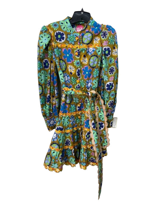Celia B Size S Green & Multi Cotton Button Up Tiered Long Puff Sleeve Dress Green & Multi / S