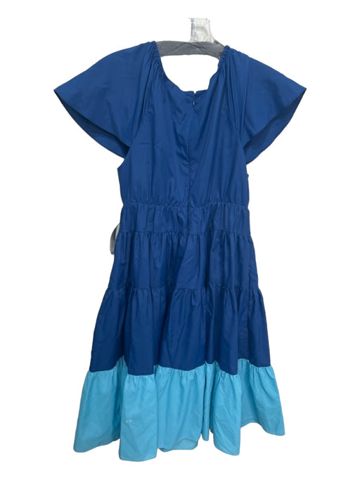 Staud Size S Blue & Turquoise Polyester V Neck Tiered Puff Sleeve Zip Back Dress Blue & Turquoise / S