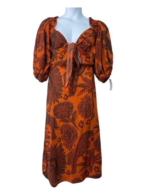 Johanna Ortiz Size 10 Orange & Brown Cotton Floral Tie Front Maxi Dress Orange & Brown / 10