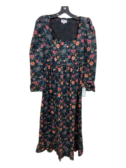 Pink City Print Size XS Black, Green, Multi Cotton Square Ruffle Neck Dress Black, Green, Multi / XS