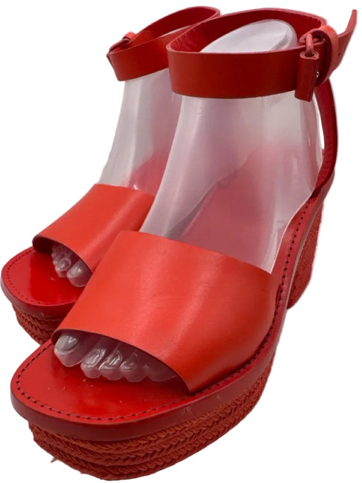 Celine Shoe Size 41 Red Leather Espadrille Ankle Buckle Platform Sandals