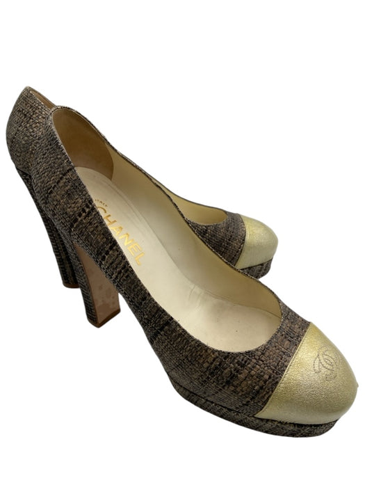 Chanel Shoe Size 41 Gray & Beige Jute & Patent round toe Woven Platform Pumps Gray & Beige / 41