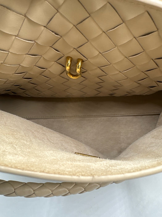 Bottega Veneta Beige Leather Gold Tone Hardware Flap Braided Detail Shoulder Bag