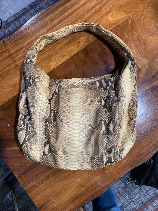 No Brand Tan & brown Python Snake Skin Shoulder Strap Top Zip Inside Pockets Bag