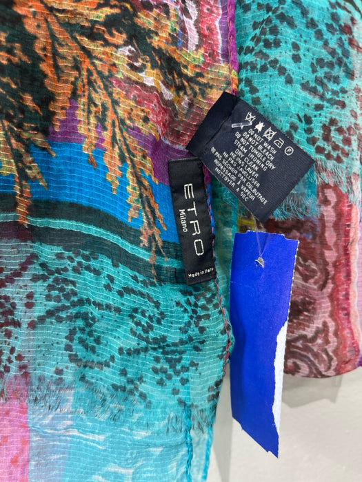 Etro Blue, Orange & Multi Silk Paisley Print Sheer Rectangle Frayed Hem scarf