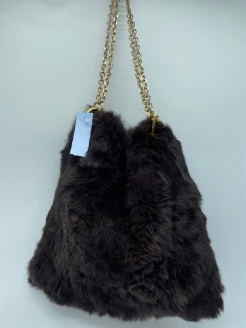 Tory Burch Brown Rabbit Fur gold logo Hobo Shoulder Chain Bag