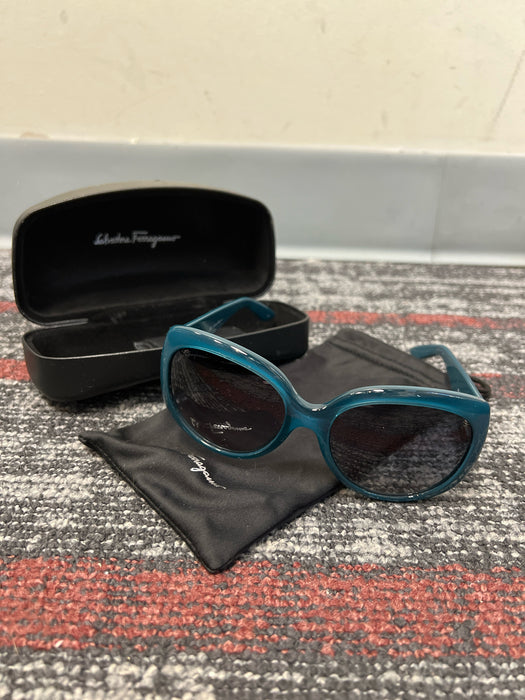 Salvatore Ferragamo Teal Round Lens Logo Gold Detail Wide arm Sunglasses