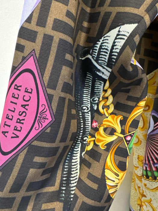 Fendace NWT Size 38 brown, gold, multi Silk zucca monogram fan print Shirt