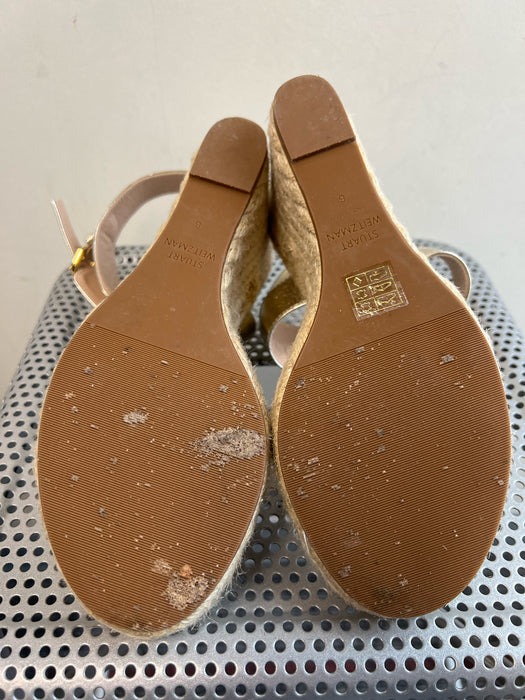 Stuart Weitzman Shoe Size 6 Gold Leather open toe Ankle Wrap Buckle Wedge Shoes