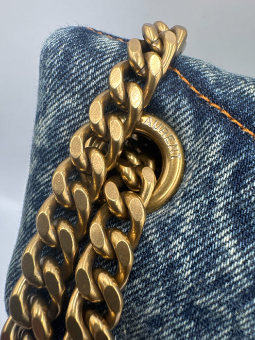 Saint Laurent Blue & Brown Textile Quilted Gold Logo Magnetic Flap Bag