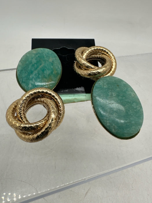 D'estree Gold & Green Metal & Stone Post Back Twist Semi Precious Earrings