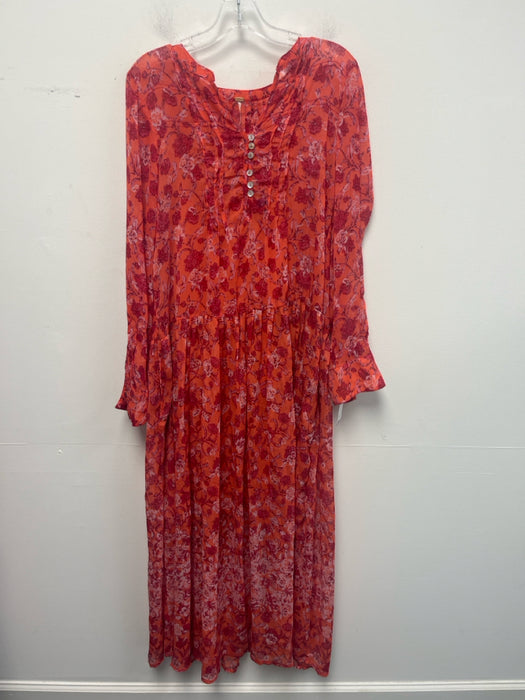 Free People Size S orange, red, white Polyester & Viscose Pintuck Maxi Dress