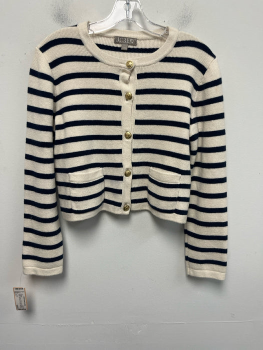 J. Crew Size S Cream & Navy Cotton Knit Horizontal Stripe Gold button Sweater