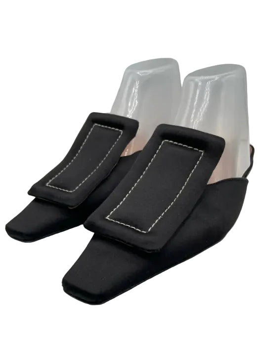 Marni Shoe Size 39 Black Leather Satin Oversized Buckle contrast stitch Mules